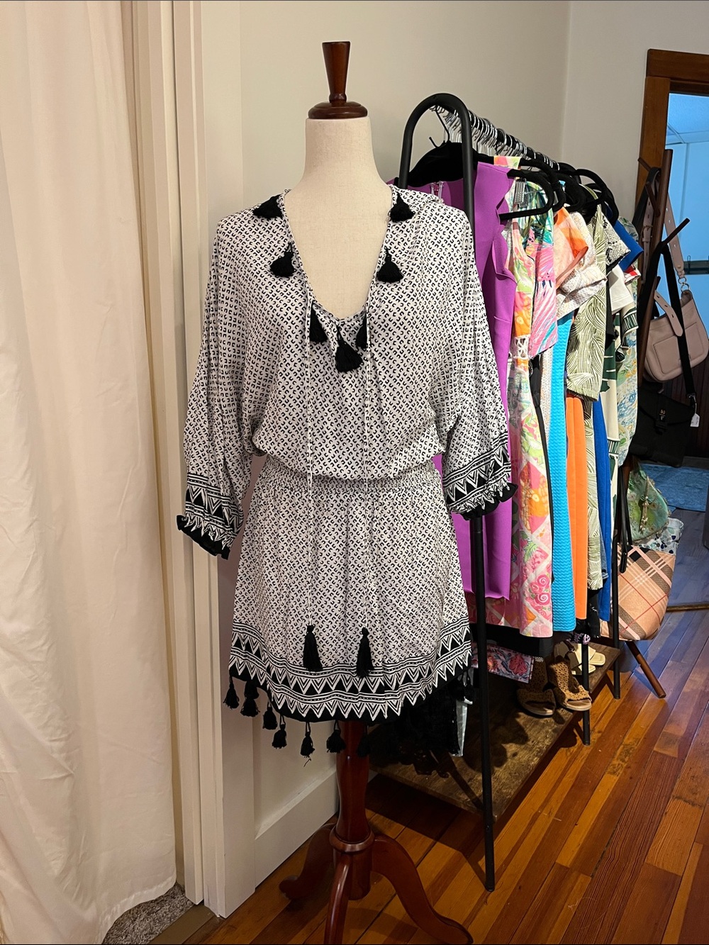 Mazik Black & White Tassel-Trim Mini Dress
